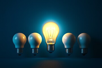 Leinwandbilder - Illuminated light bulb stands out among other bulbs showcasing brilliance in a dark blue setting : Generative AI