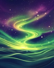 Wall Mural - Enchanting Aurora Borealis Over Rolling Green Hills A Dreamy Nightscape.