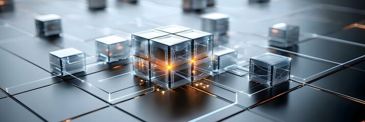 A futuristic minimalist rendering of a blockchain technology infrastructure featuring a grid of interconnected glowing digital cubes