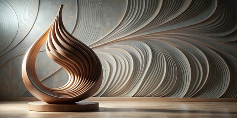 Wall Mural - modern abstract wooden sculpture against a textured wall in a minimalist interior