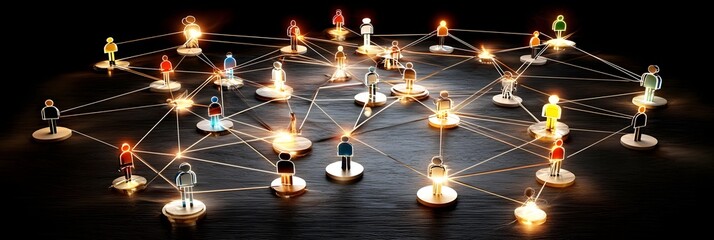 An abstract visualization of a complex knowledge network with interconnected nodes illuminated by glowing lines representing the flow of information and communication