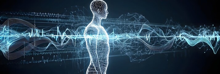 ethereal silhouette of a human form surrounded by dynamic luminous energy waves and digital patterns