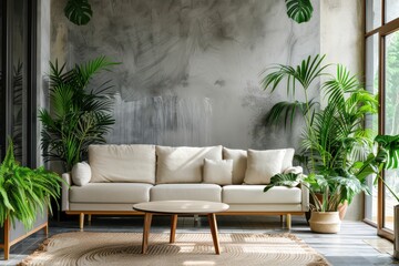 Poster - Modern living room with light decor, lush plants, and cozy seating in a contemporary home during daytime