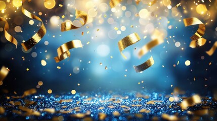 Wall Mural - Golden ribbons and confetti are falling on a shiny blue surface