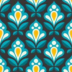 Aufkleber - Ornamental damask, repeating pattern in blue. Abstract floral flowers.