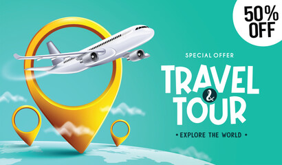 Wall Mural - travel promo vector design. travel tour text with special offer discount with airplane and location 