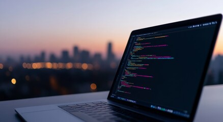 A laptop screen glows with code against a stunning sunset cityscape, representing modern software development.