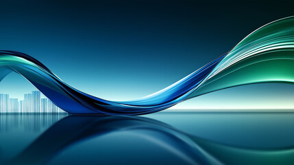 Poster - Abstract blue and green waves flowing over city skyline