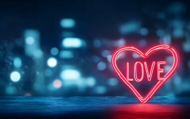 Wall Mural - a glowing neon heart sign with the word 'love' illuminated in vibrant colors against a blurred city 