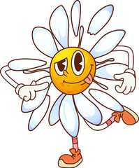 Aufkleber - Funny groovy daisy chamomile flower with quirky expression and sticking tongue. Isolated cartoon vector blossom with white petal and yellow center. Summer garden bloom hippie personage with retro vibe