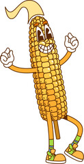 Leinwandbilder - Groovy hippie fast food character of corn with happy face, retro cartoon vector. Groovy sweetcorn or corn cob on stick with funny smile in hipster shoes as comic fast food hippie character or emoji