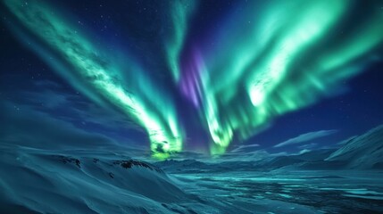 a stunning cinematic shot of the northern lights dancing across the sky in vivid green, purple, and 