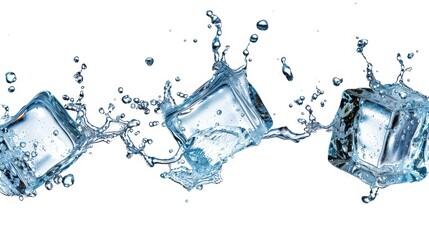 Leinwandbilder - Three Ice Cubes Splashing in Water on White Background