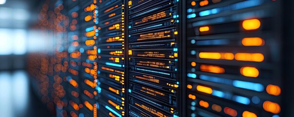 Cybersecurity cyberspace protection and network security concept. Close-up view of colorful server racks in data center.