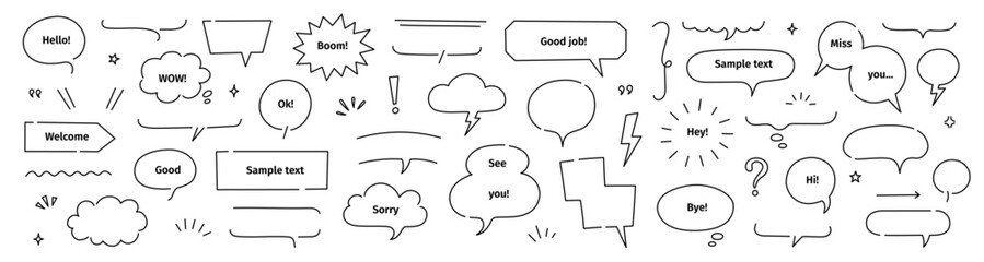 Fototapete - Line frame text speech bubble set. Line balloon frame design talk speech bubble frame. Comic japan style design background text dialog balloon, simple doodle cloud, box border. Vector illustration