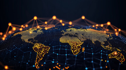 global digital network visualization world map infographic dark background aerial view technology co