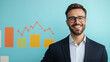 © Keopaserth - smiling businessman in suit stands confidently against colorful background with graphs, symbolizing success and growth in business