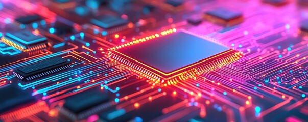 Artificial intelligence cyberspace and data network concept. Vibrant close-up of a microchip with colorful circuitry.
