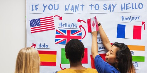 Fototapete - A diverse group of people learning languages. Flags and greetings on a board. Language learning with flags and greetings. Multicultural education setting. Education and knowledge.