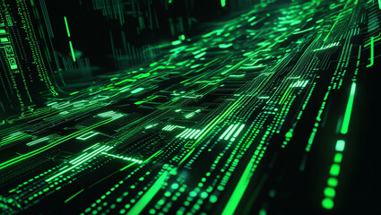 A digital cyber-themed artwork featuring cascading neon green code streams on a deep black background