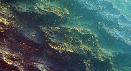 Poster - The image is of a rocky ocean floor with a blue and gold color scheme
