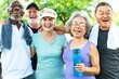 © Rawpixel.com - Group of diverse seniors smile after exercise in park. Happy diverse seniors group enjoy outdoor exercise. Senior friends group smile happily in park. Happy diverse senior friends exercise outdoors
