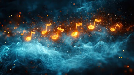 Wall Mural - abstract blue smoke waves, with floating, dancing musical notes, captivatingly represent music's har