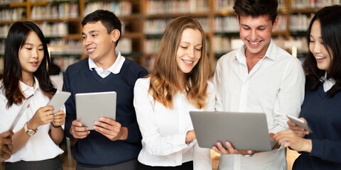Fototapete - Diverse group of students in a library using tablets. Students engaged with technology. Diverse students learning with tablets in library. Diverse young men and women students using tablet in library