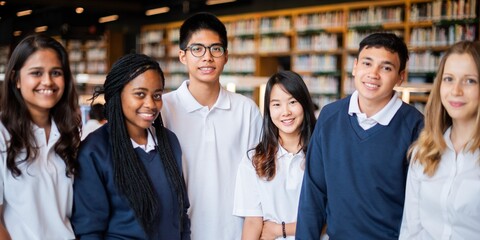 Poster - Group of diverse students in a library, wearing uniforms, smiling. Students in a library setting, diverse group, wearing uniforms, happy expressions. Diverse students in library, education concept.