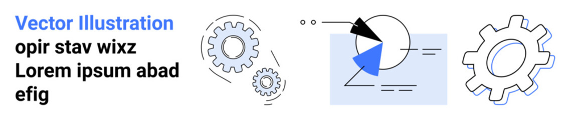 Gears in motion, pie chart with geometric elements, dynamic layout. Ideal for innovation, engineering, analytics, design concepts, problem-solving, teamwork workflow simple landing page