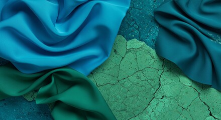 Poster - A collection of blue and green fabric is displayed on a rocky surface