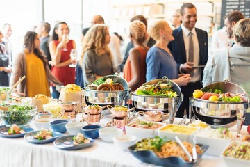 Wall Mural - buffet table with variety dishes at a social event. happy diverse people chatting and socializing, e
