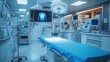 © Sang - In a sterile healthcare environment, an advanced medical operating room shows an x-ray on a monitor, an empty adjustable bed, and equipment