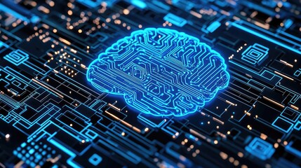 Artificial intelligence brain network and database concept. Abstract digital illustration of a glowing brain with circuits.