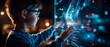 © apichat - A young boy interacts with a digital screen, exploring vibrant data visuals and technological elements, showcasing curiosity and innovation.