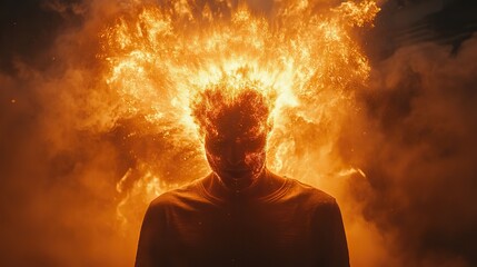 Wall Mural - orange powder explodes from a man's head, symbolizing stress and burnout
