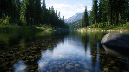 Wall Mural - A serene mountain lake features crystal clear water mirroring the towering trees and distant peaks. The scene captures tranquility amid nature, inviting peaceful exploration and reflection