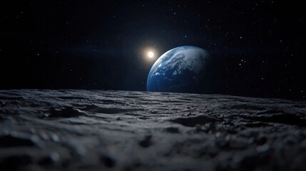 Wall Mural - a breathtaking view captures earth rising above the lunar horizon during early morning sunlight. cra