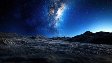 Wall Mural - A breathtaking view of a nighttime landscape showcases the Milky Way arching across the sky. The rugged mountains gleam under the starlit heavens, creating a serene atmosphere