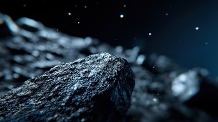 Wall Mural - a detailed focus on a rugged rock formation set within a dark cosmic space. tiny particles float amo