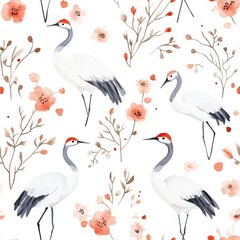 Naklejka na meble Hand-Painted Watercolor Seamless Pattern with Cranes and Flowers