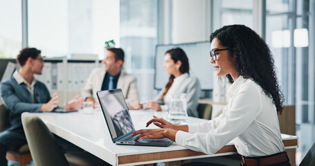 Aufkleber - Meeting, colleagues and woman with laptop, boardroom and secretary with financial report on website. Business, people and receptionist with tech for notes, typing and info for investment in company