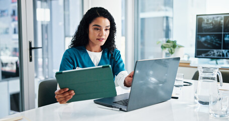 Poster - Woman, nurse or research with tablet or laptop for medical study or discovery at hospital. Female person, employee or healthcare worker browsing on technology for telehealth app or results at clinic