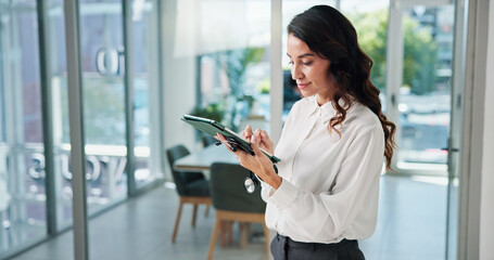 Poster - Doctor, stethoscope and tablet with woman in clinic for cardiology, medical or telehealth. Healthcare, report and research with professional in hospital for administration or management of medicare