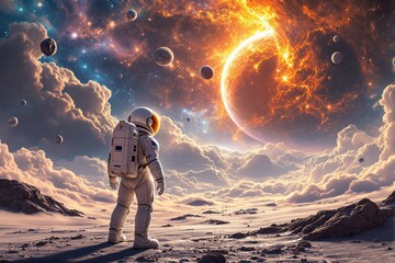 Wall Mural - astronaut observing cosmic explosion on alien planet.