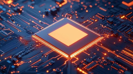 Close-Up of a Modern Circuit Board with Glowing Processor Design