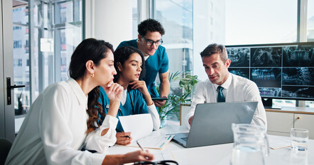 Aufkleber - People, doctor and discussion with laptop for meeting, medical planning or procedure at hospital. Group, healthcare workers or employees with technology, documents or x ray screen for surgery results