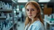 © EUT - Female lab worker with blue eyes in the lab coat looks forward seriously. Use it for medical or pharmaceutical promotions, and healthcare advertising.