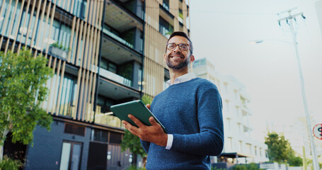 city, businessman and thinking with tablet for research, realtor and project for property developmen