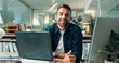 © peopleimages.com - Portrait, businessman and journalist with laptop in office, research and news for publication. Career, happy person and content writer with smile for proofreading, editing story and blog at night
